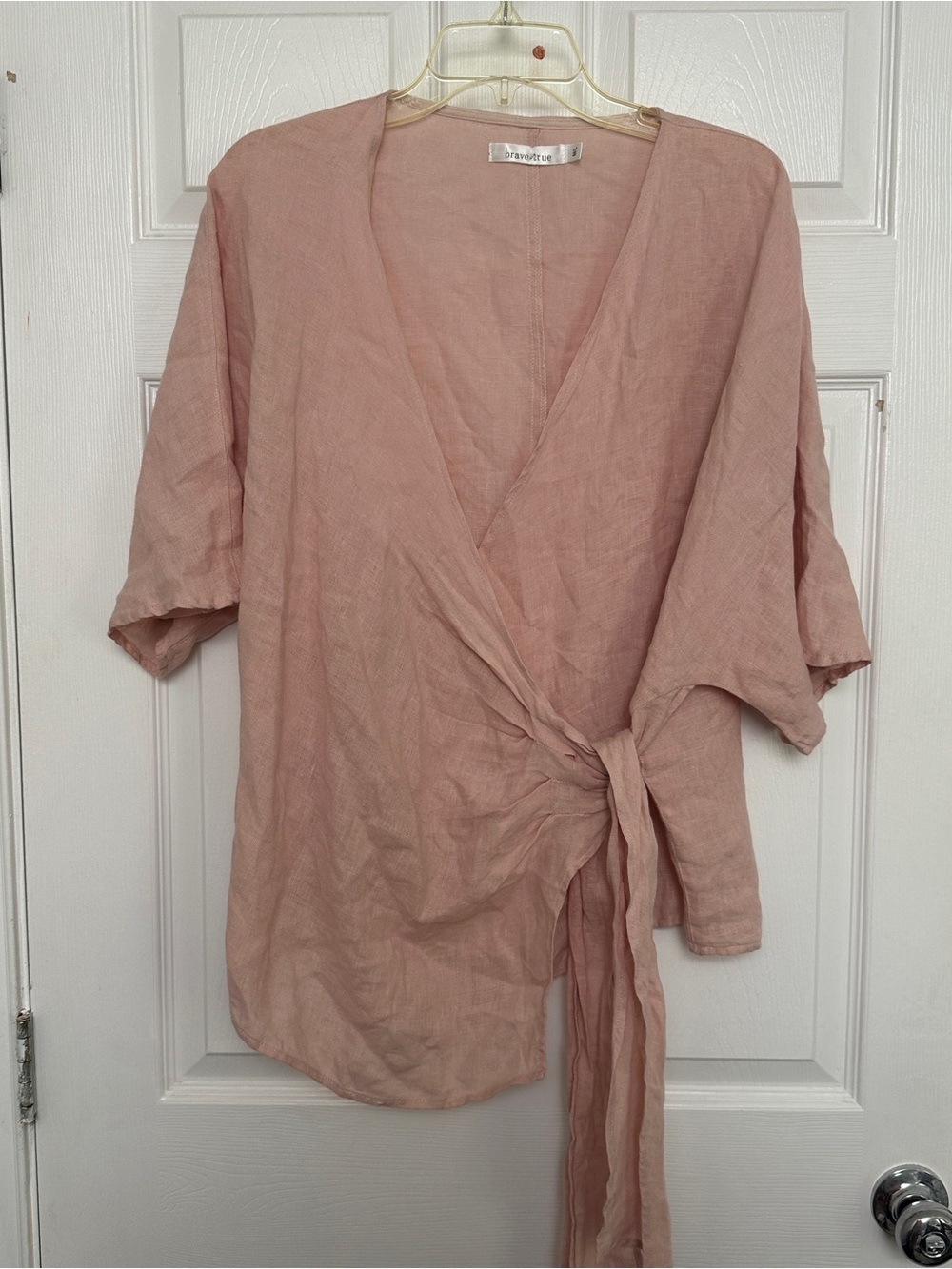 Light Rose Linen Wrap Blouse with Side Tie
